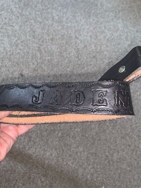 Jaden name Embossed Black Leather Men’s Belt with motorcycles handmade size 34